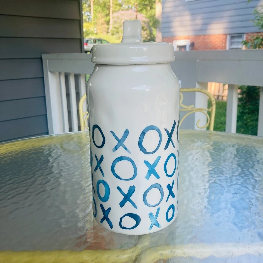 Rae Dunn Artesian Collection Treats XOXO Indigo Blue Boutique Canister Dimpled